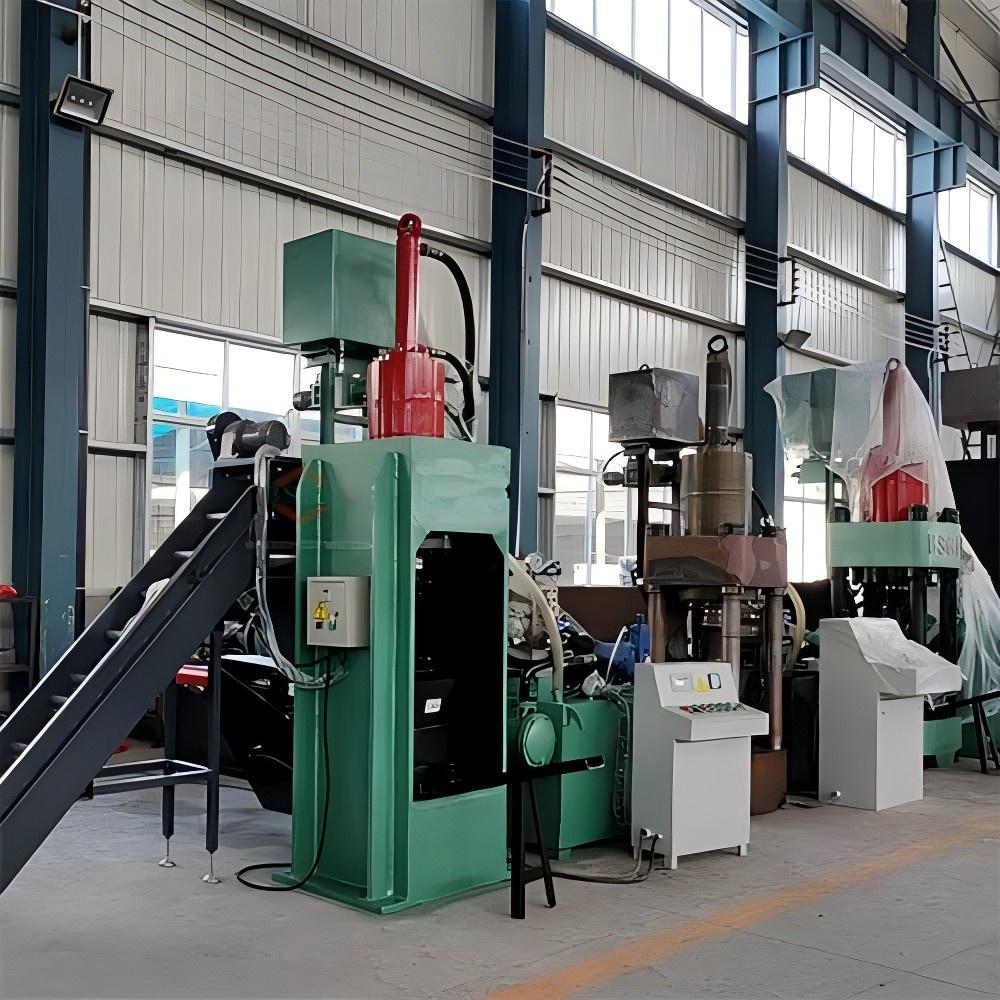 Industrial aluminum briquetting machine in operation