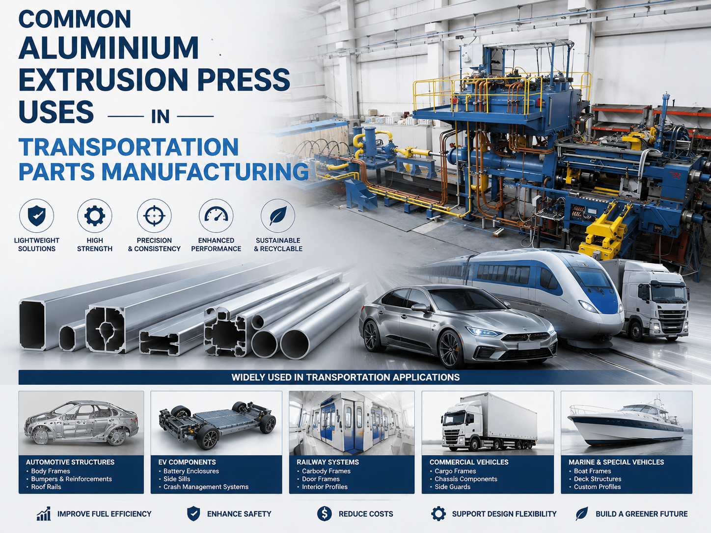 common aluminium extrusion press uses in transportation parts manufacturing 1
