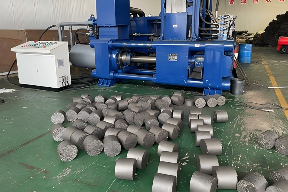 Hydraulic scrap metal briquetting and baling machine in operation