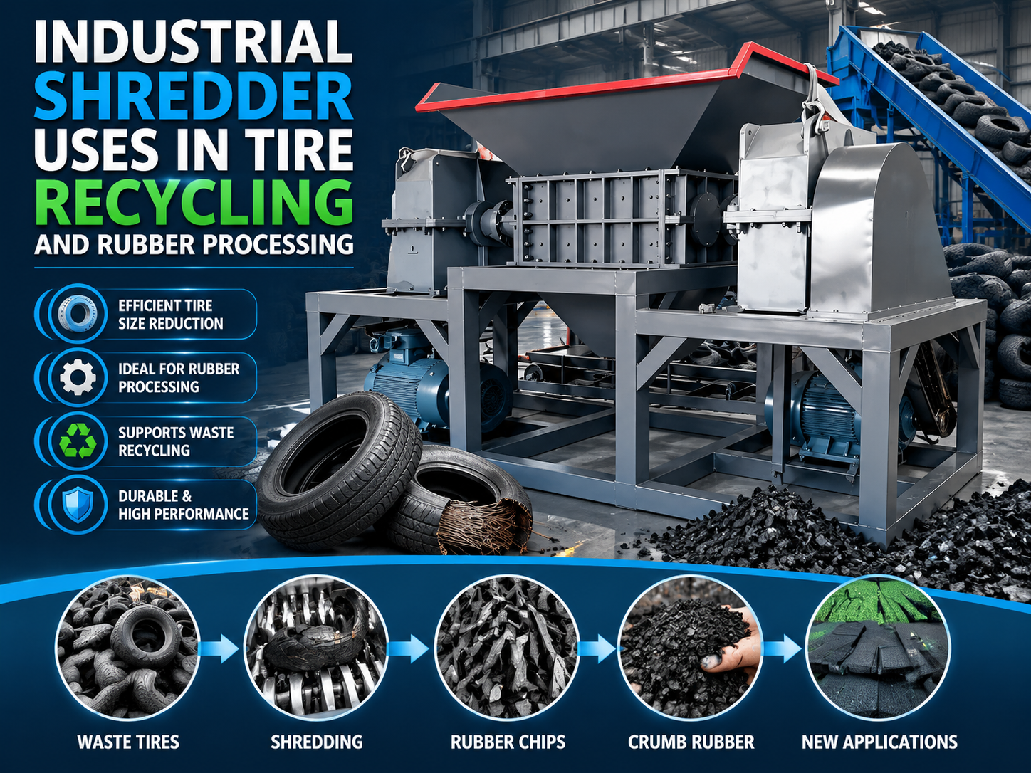 industrial shredder uses in tire recycling and rubber processing a comprehensive guide