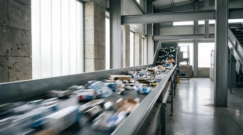 Recycling conveyor belt feeding into a baling system