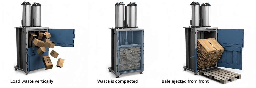 The operational process of a vertical baler from loading to ejection