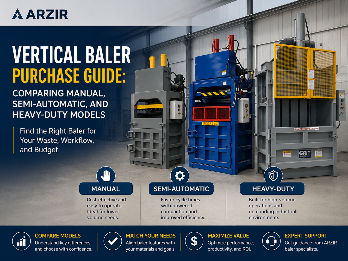 vertical baler purchase guide comparing manual semi automatic and heavy duty models