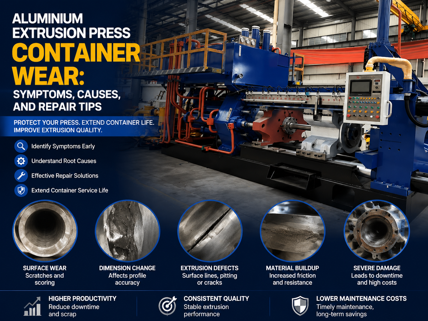 aluminium extrusion press container wear symptoms causes and repair tips
