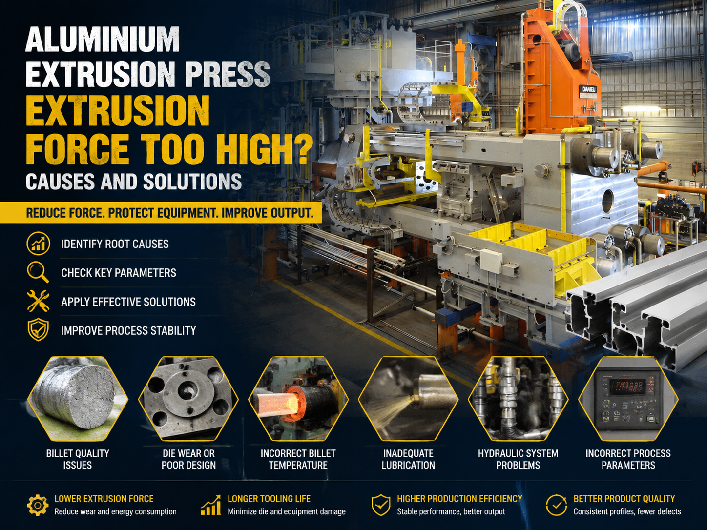 aluminium extrusion press extrusion force too high causes and solutions