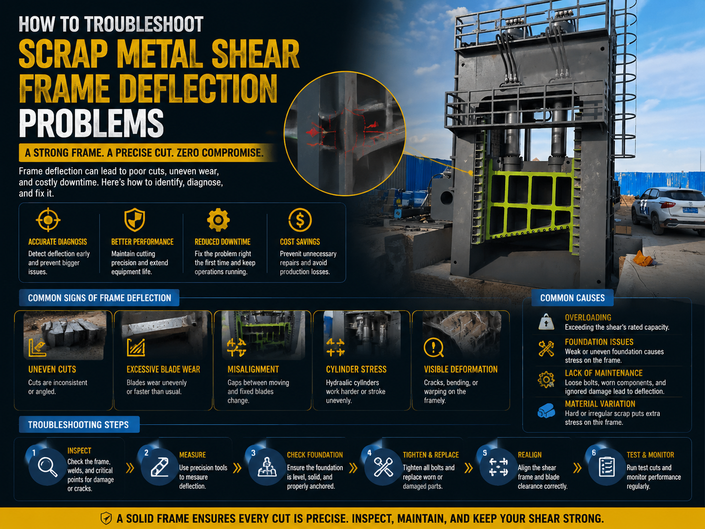 comprehensive guide how to troubleshoot scrap metal shear frame deflection problems