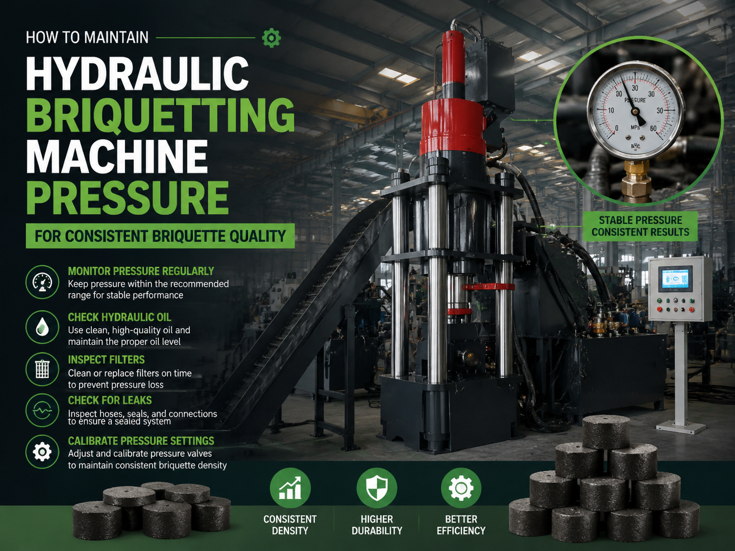 how to maintain hydraulic briquetting machine pressure for consistent briquette quality 1