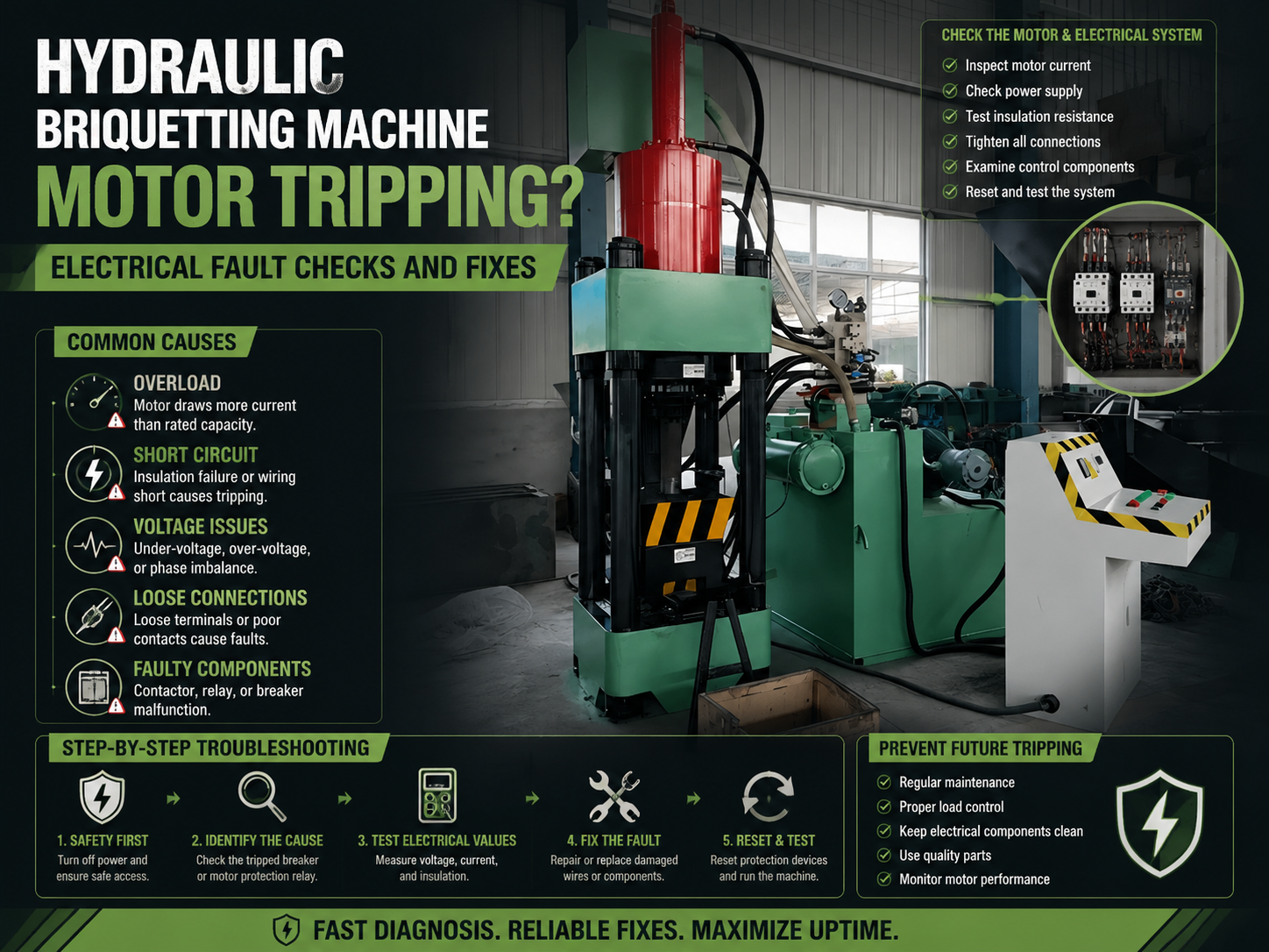 hydraulic briquetting machine motor tripping electrical fault checks and