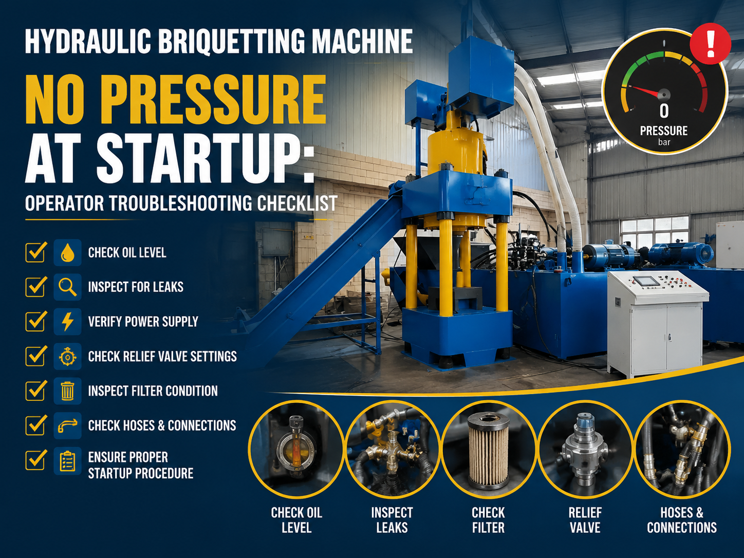 hydraulic briquetting machine no pressure at startup operator troubleshooting checklist