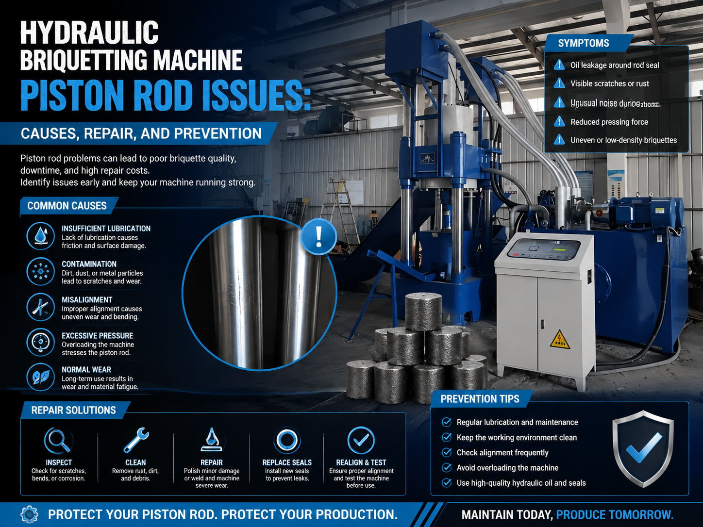 hydraulic briquetting machine piston rod issues causes repair and prevention