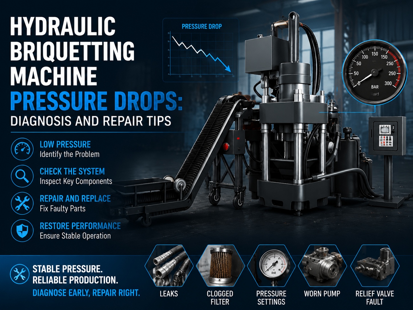 hydraulic briquetting machine pressure drops diagnosis and repair tips