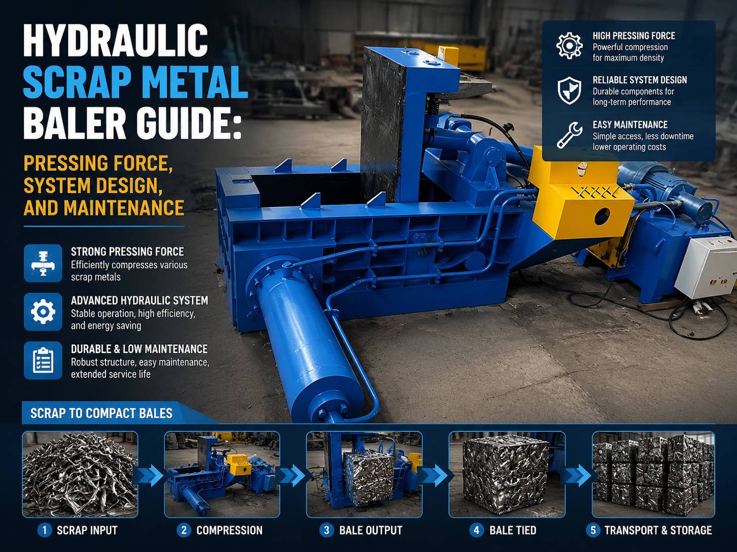 hydraulic scrap metal baler guide pressing force system design and maintenance