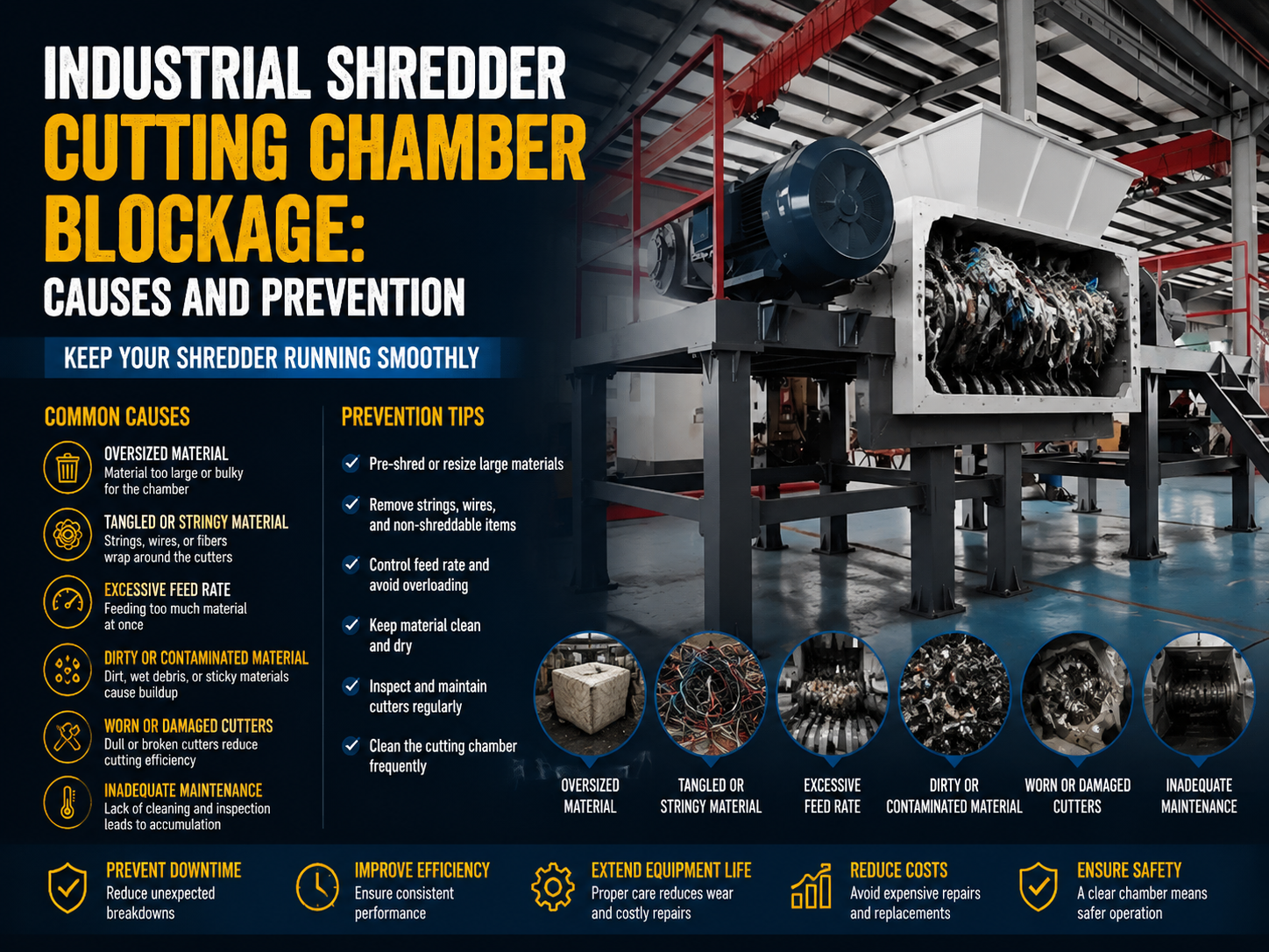 industrial shredder cutting chamber blockage causes and prevention