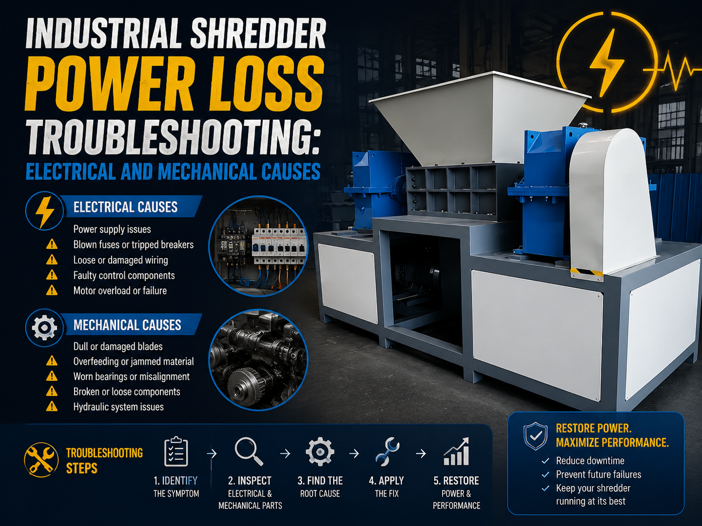 industrial shredder power loss troubleshooting electrical and mechanical causes
