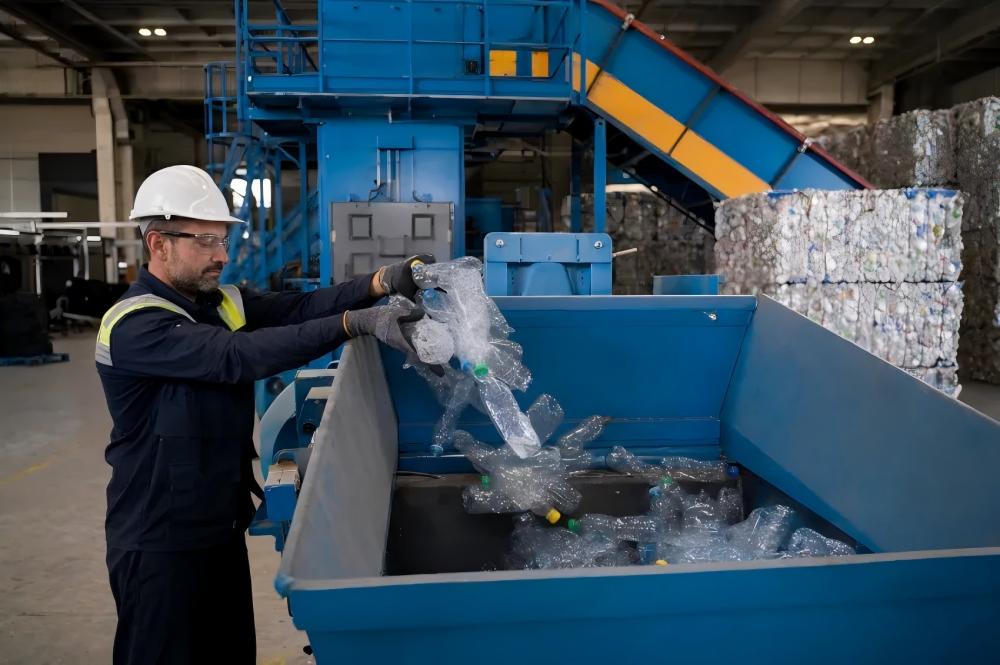 Operator Loading a Recycling Baler Safely