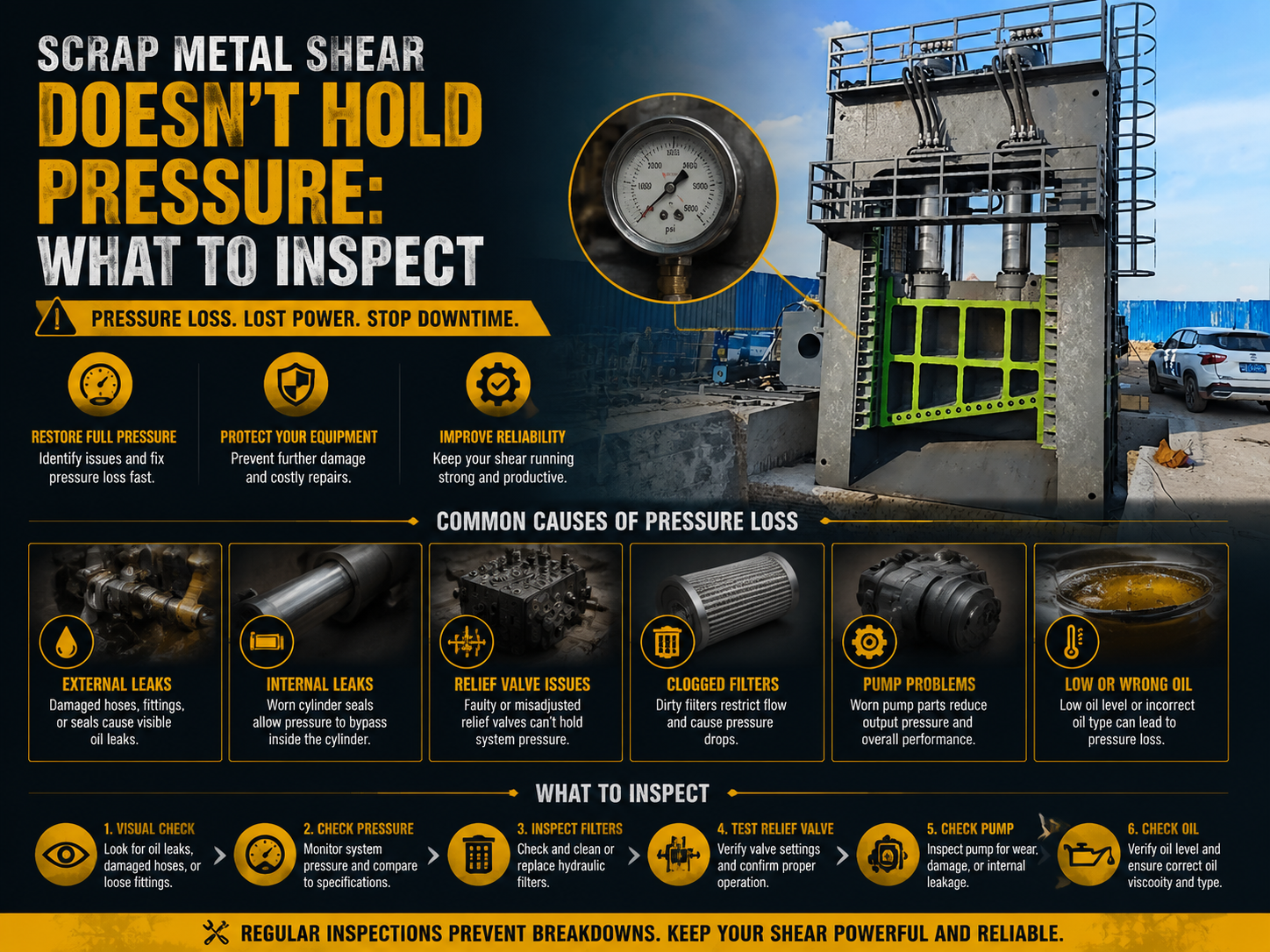 scrap metal shear doesn t hold pressure what to inspect
