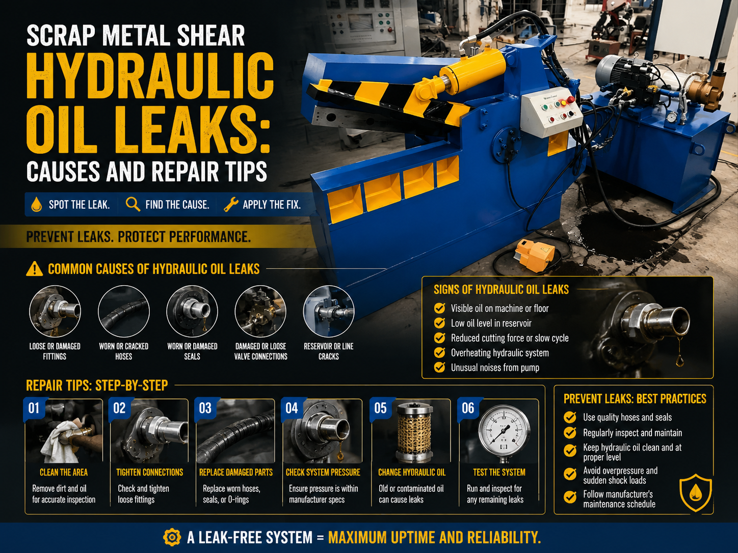scrap metal shear hydraulic oil leaks causes and repair tips