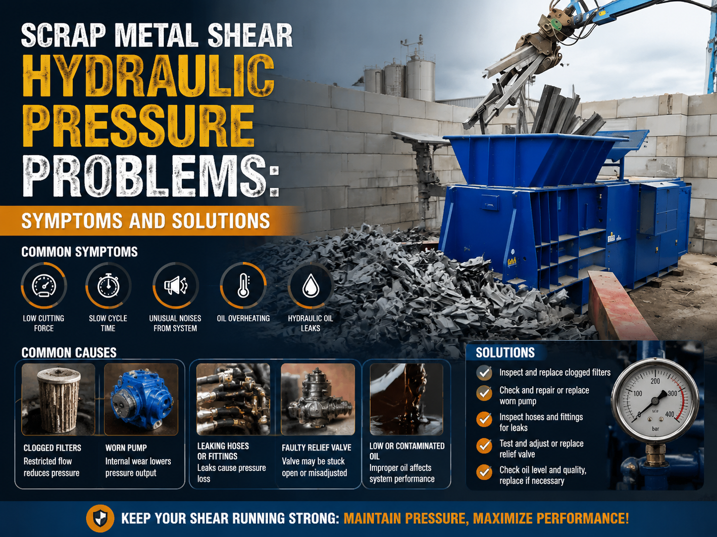 scrap metal shear hydraulic pressure problems symptoms and solutions
