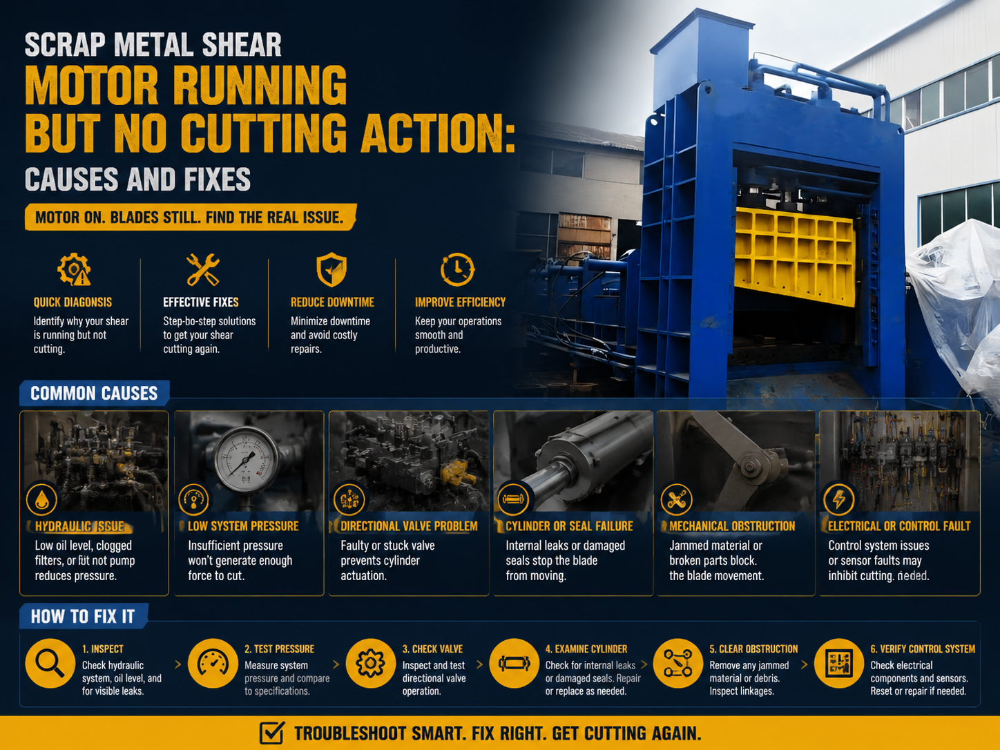 scrap metal shear motor running but no cutting action causes and