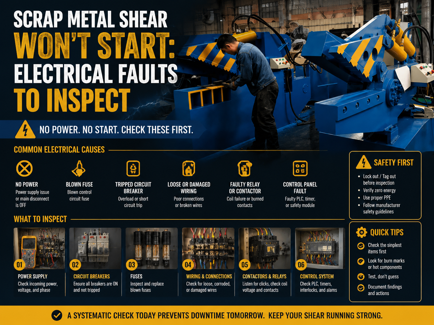scrap metal shear won t start electrical faults to inspect