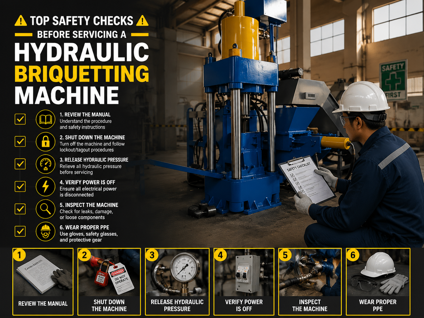 top safety checks before servicing a hydraulic briquetting machine 1