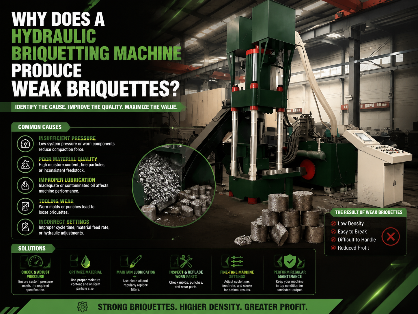 why does a hydraulic briquetting machine produce weak briquettes troubleshooting and solut