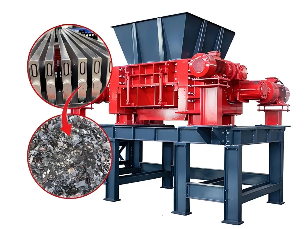 Close-up of Four-Shaft Shredder Blades and Extraction Port