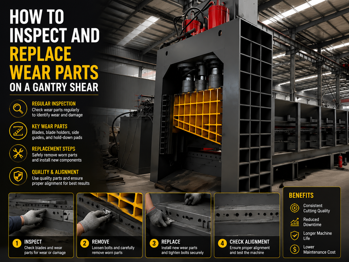 comprehensive guide how to inspect and replace wear parts on a gantry shear