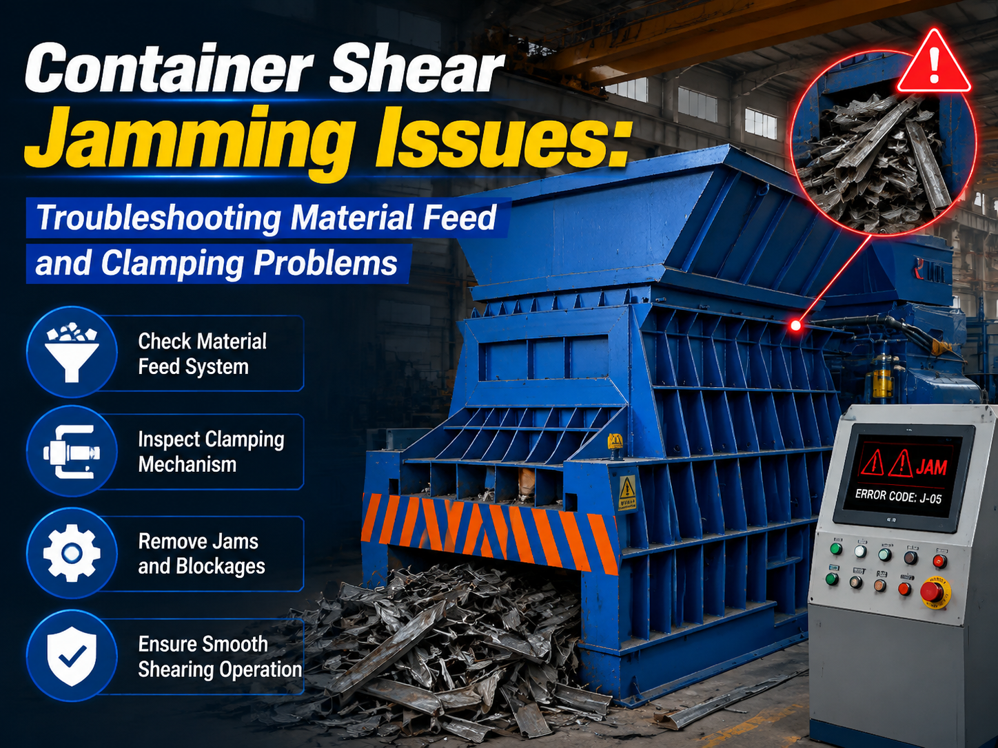 container shear jamming issues troubleshooting material feed and clamping problems