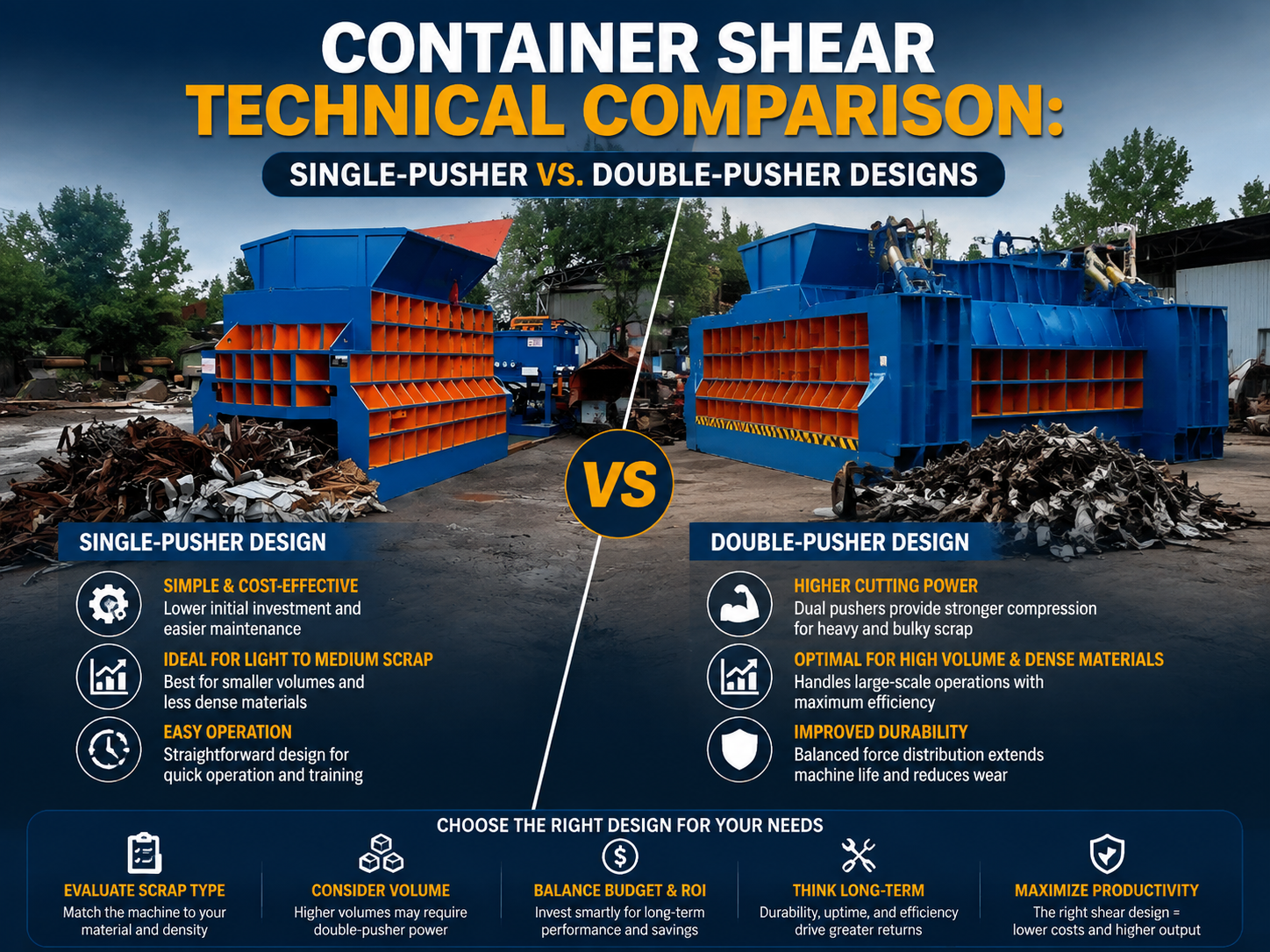 container shear technical comparison single pusher vs double pusher designs