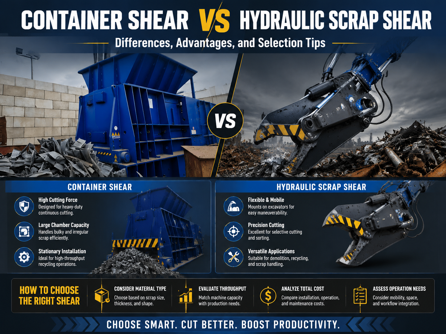 container shear vs hydraulic scrap shear differences advantages and selection tips