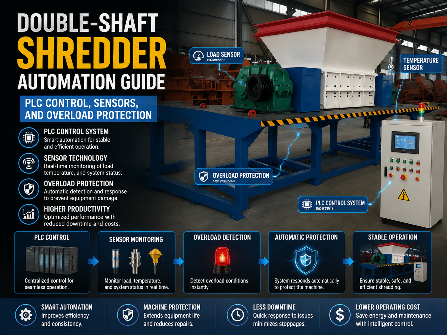 double shaft shredder automation guide plc control sensors and overload protection