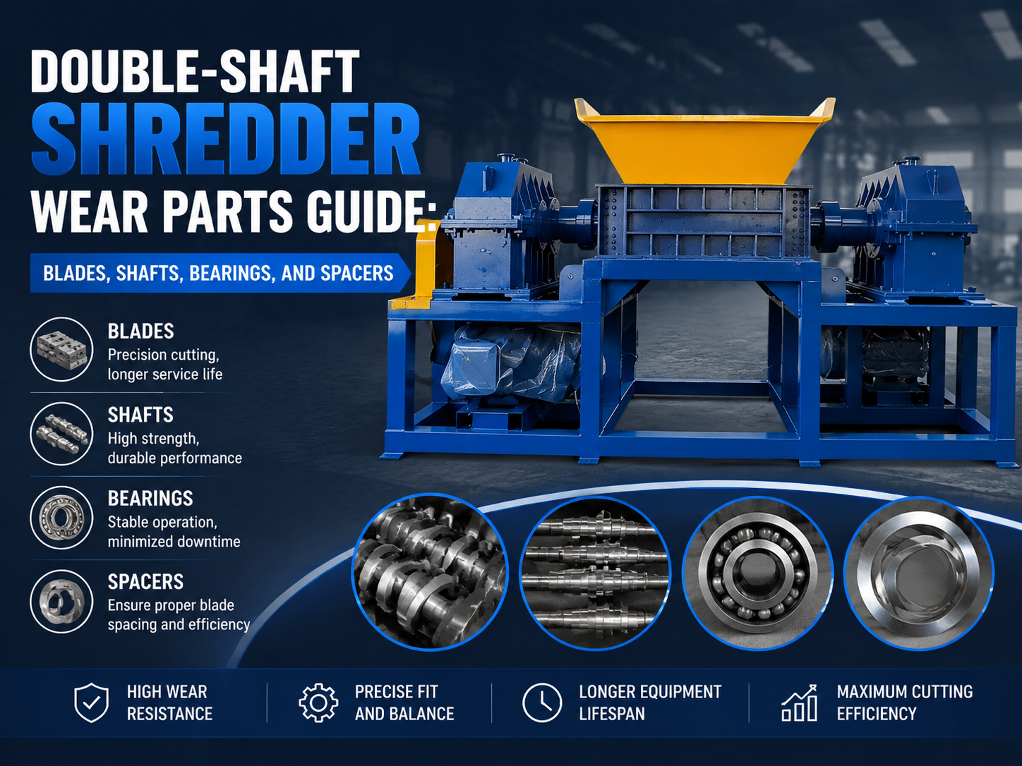 double shaft shredder wear parts guide blades shafts bearings and spacers