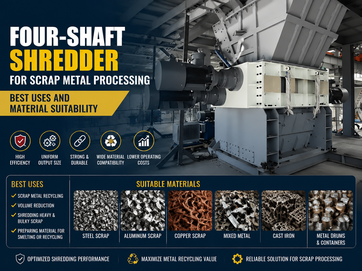 four shaft shredder for scrap metal processing best uses and material suitability
