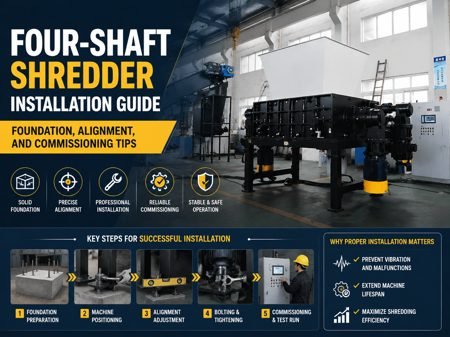 four shaft shredder installation guide foundation alignment and commissioning tips