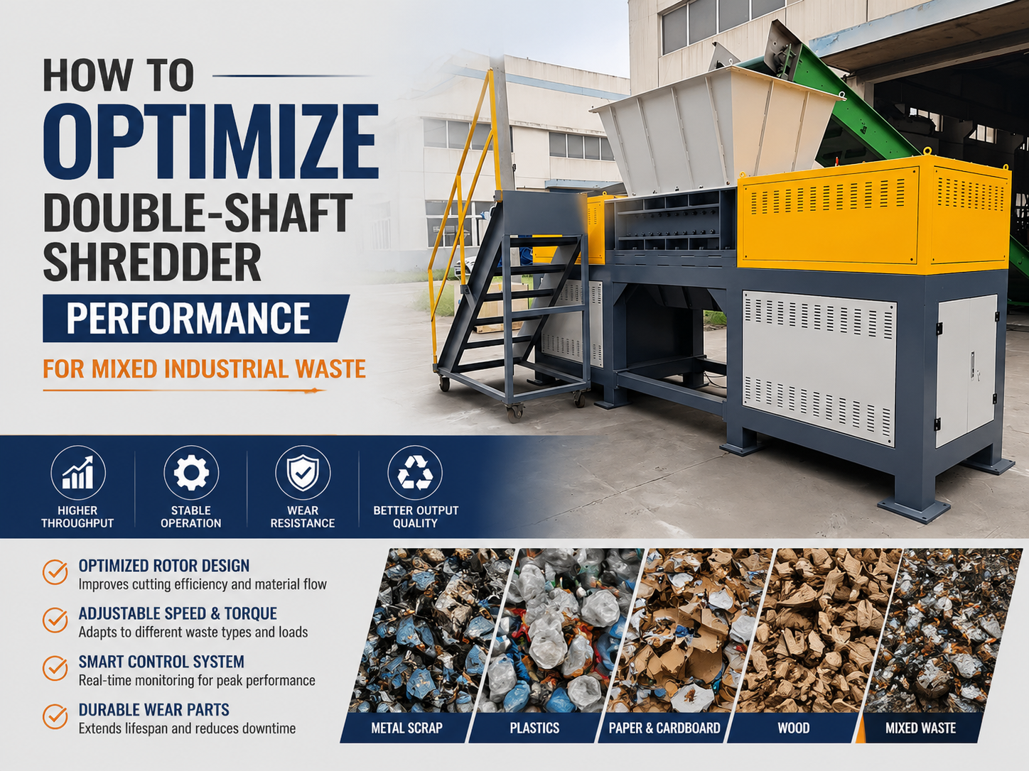 how to optimize double shaft shredder performance for mixed industrial waste