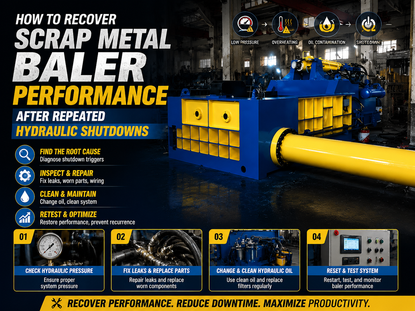 how to recover scrap metal baler performance after repeated hydraulic shutdowns