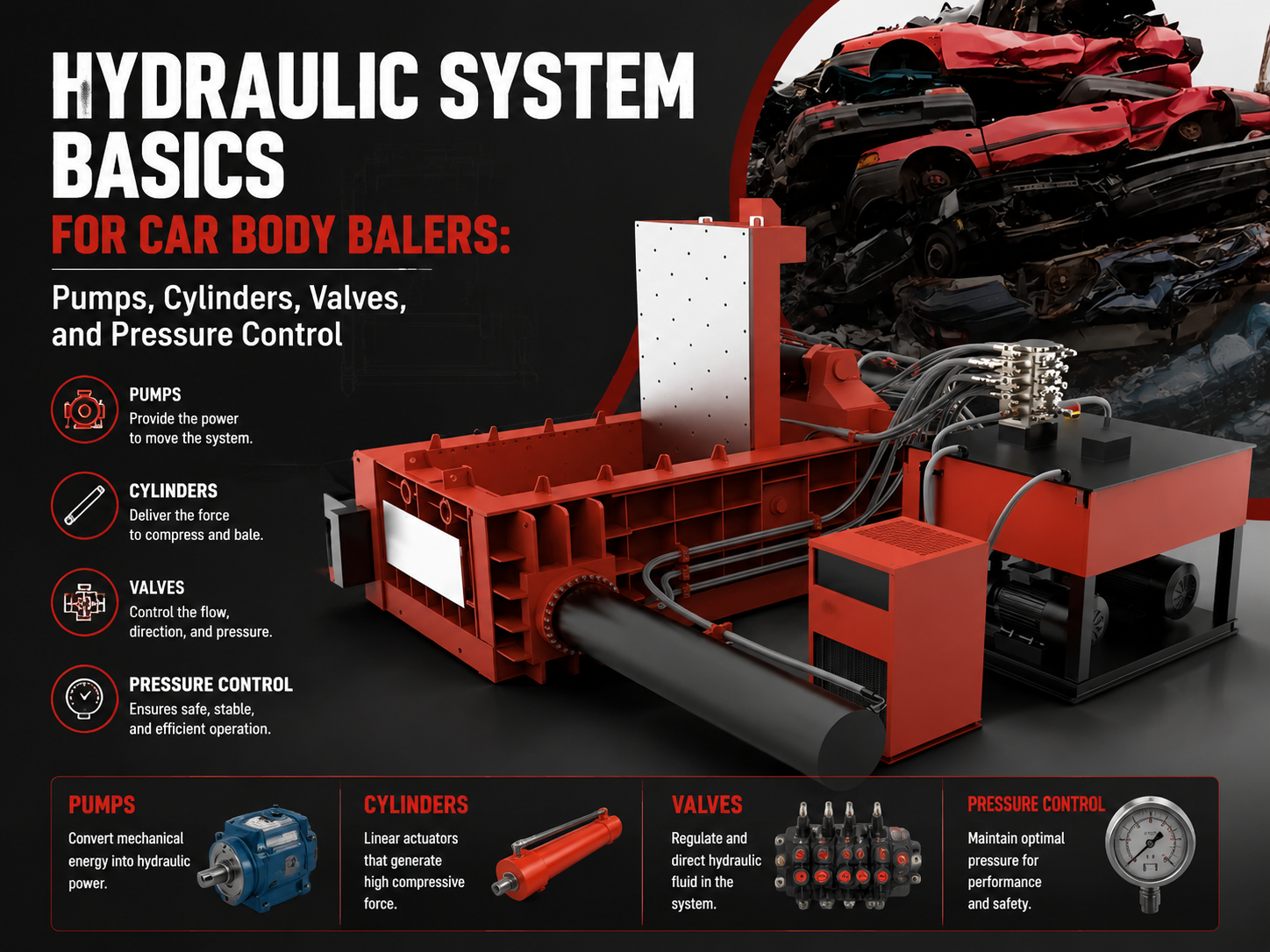 hydraulic system basics for car body balers pumps cylinders valves and pressure control