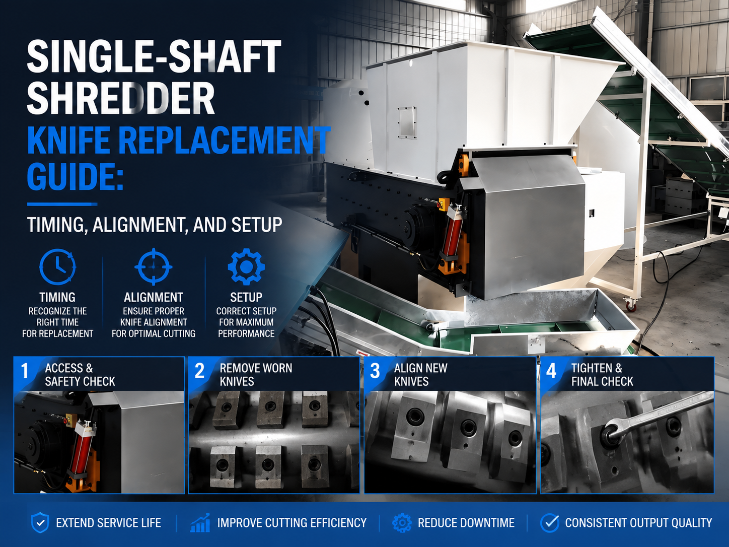 single shaft shredder knife replacement guide timing alignment and setup