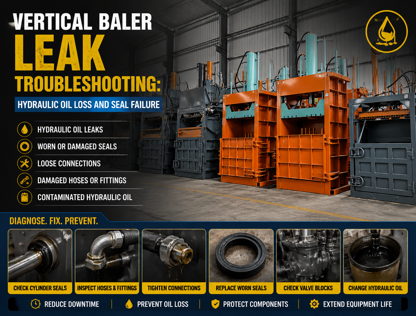 vertical baler leak troubleshooting hydraulic oil loss and seal failure
