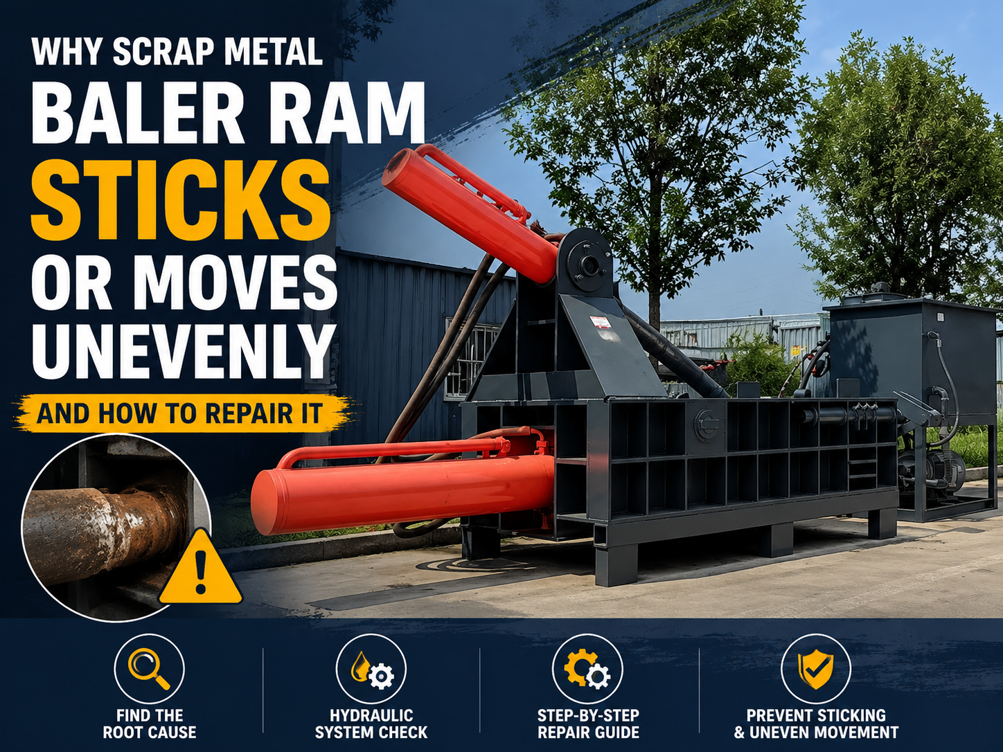 why scrap metal baler ram sticks or moves unevenly and how to repair it