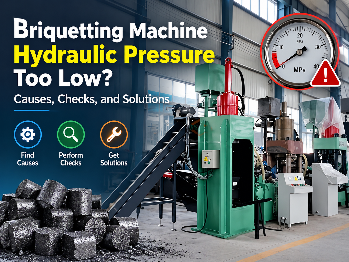 briquetting machine hydraulic pressure too low causes checks and solutions